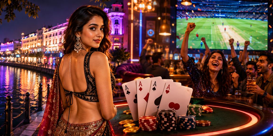 Neon lights in Delhi Connaught Place blending cricket betting and card gaming culture