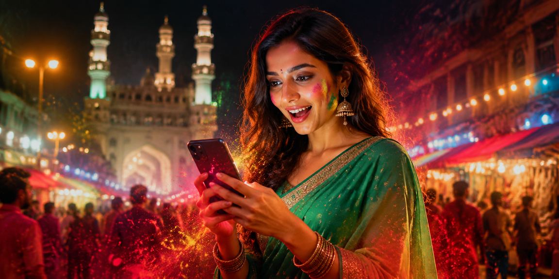 Player enjoying Teen Patti game on mobile in Hyderabad night setting